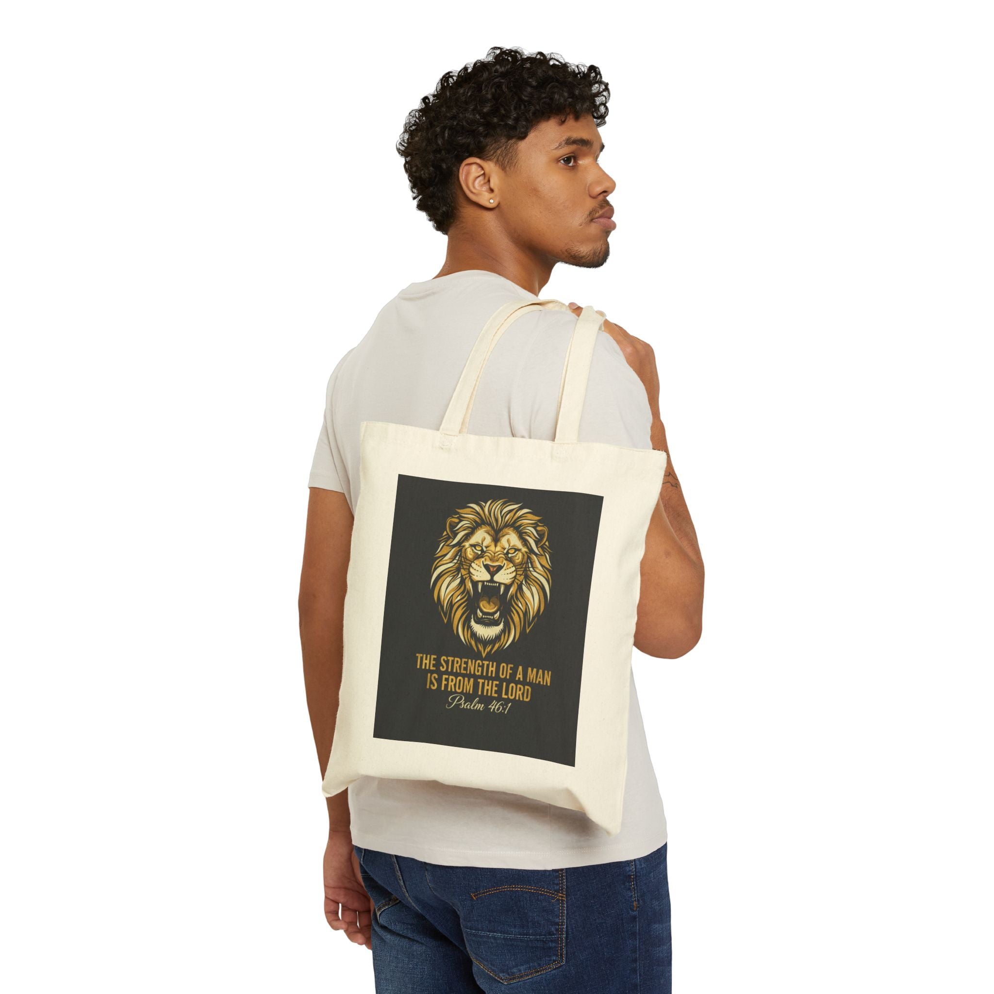 Tote Bag — Lion "The Strength of a Man is From the Lord" Bible Verse Canvas Tote