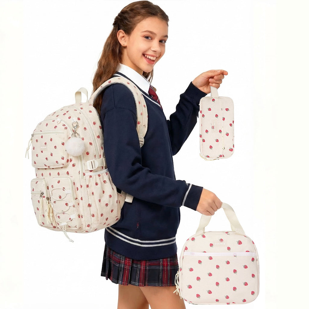 DAKIMOE School Backpack 3 Sets Corduroy Backpack for Teen Laptop Backp