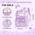 16 inch kids clear backpack for girls in purple with heart sequins and ribbon bow