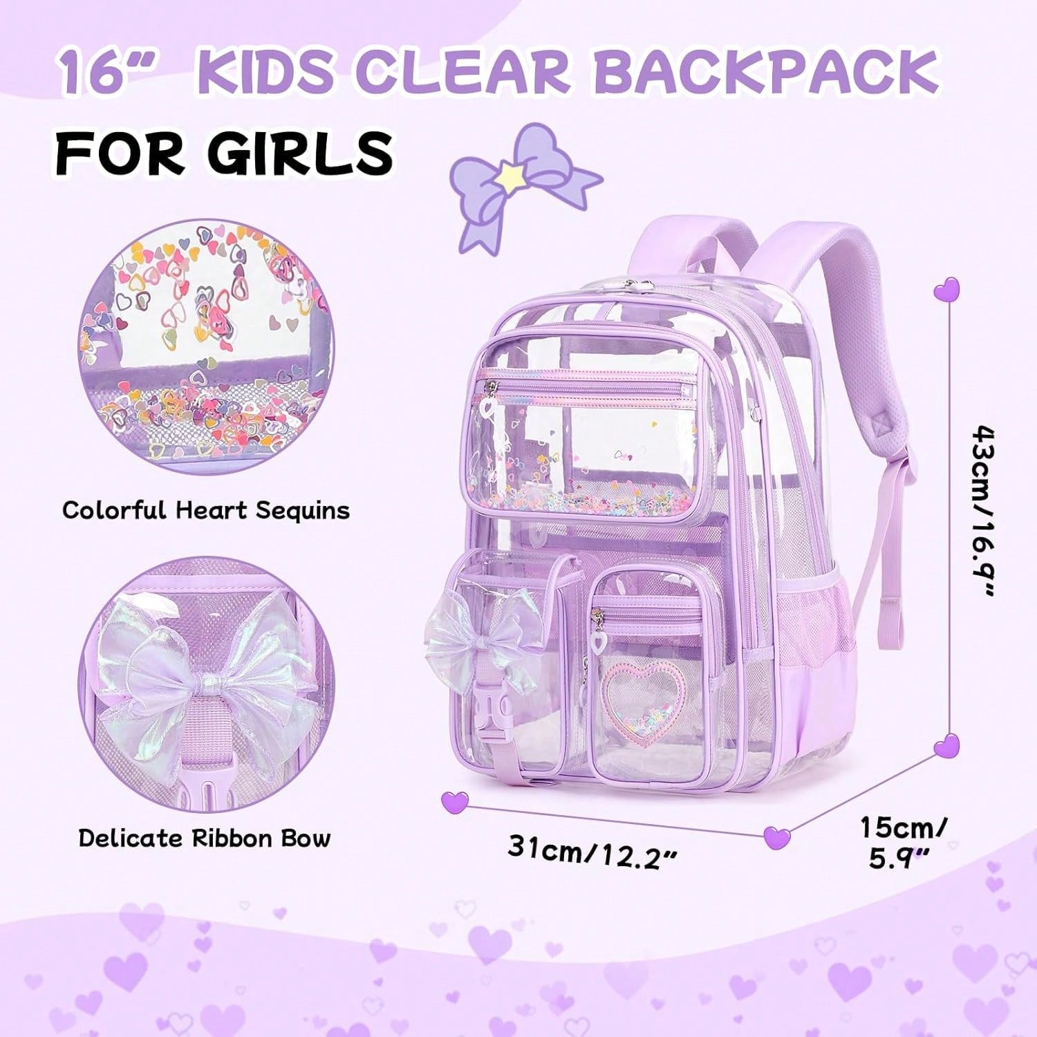 16 inch kids clear backpack for girls in purple with heart sequins and ribbon bow