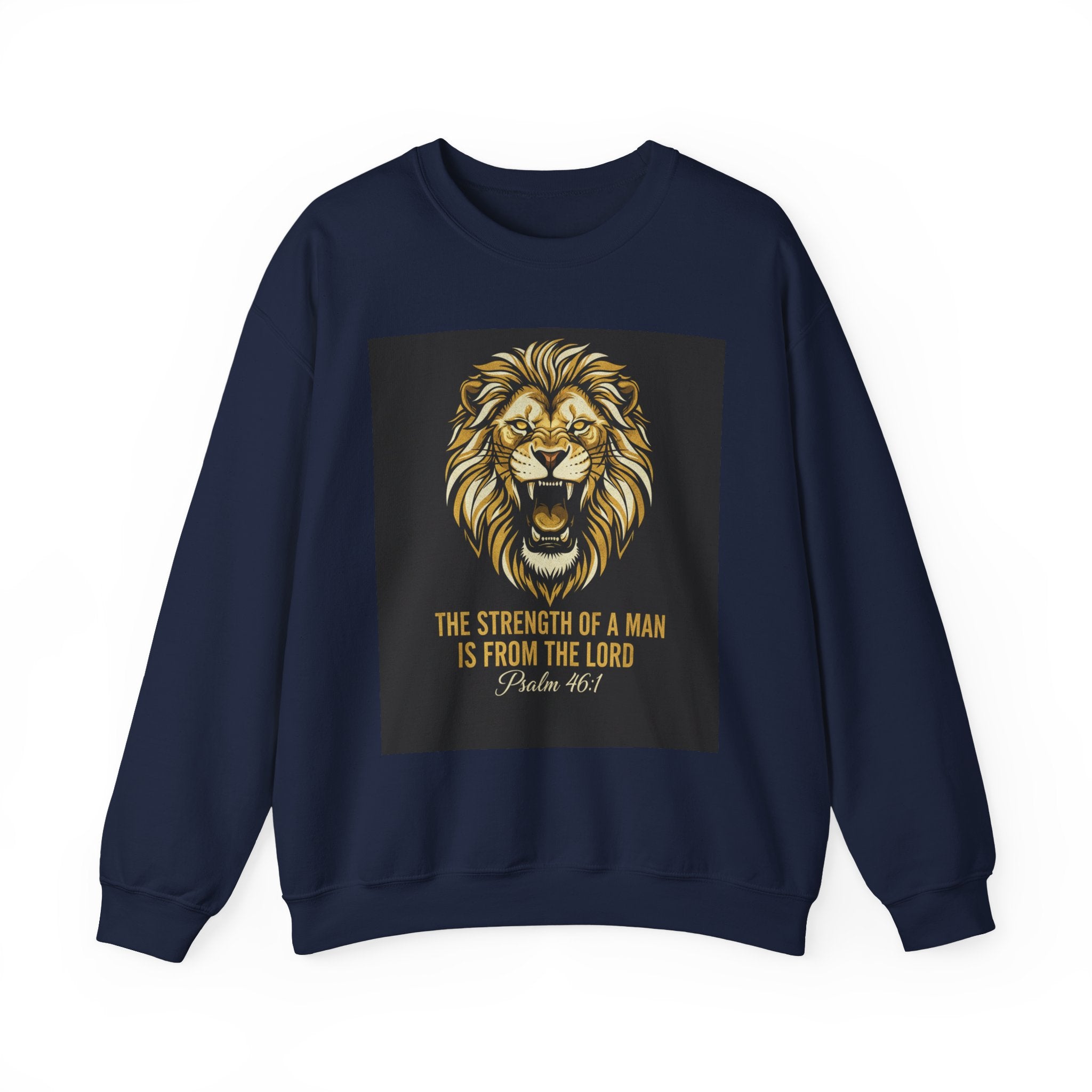 Crewneck Sweatshirt — Lion Graphic with Psalm 46:1 Faith Quote