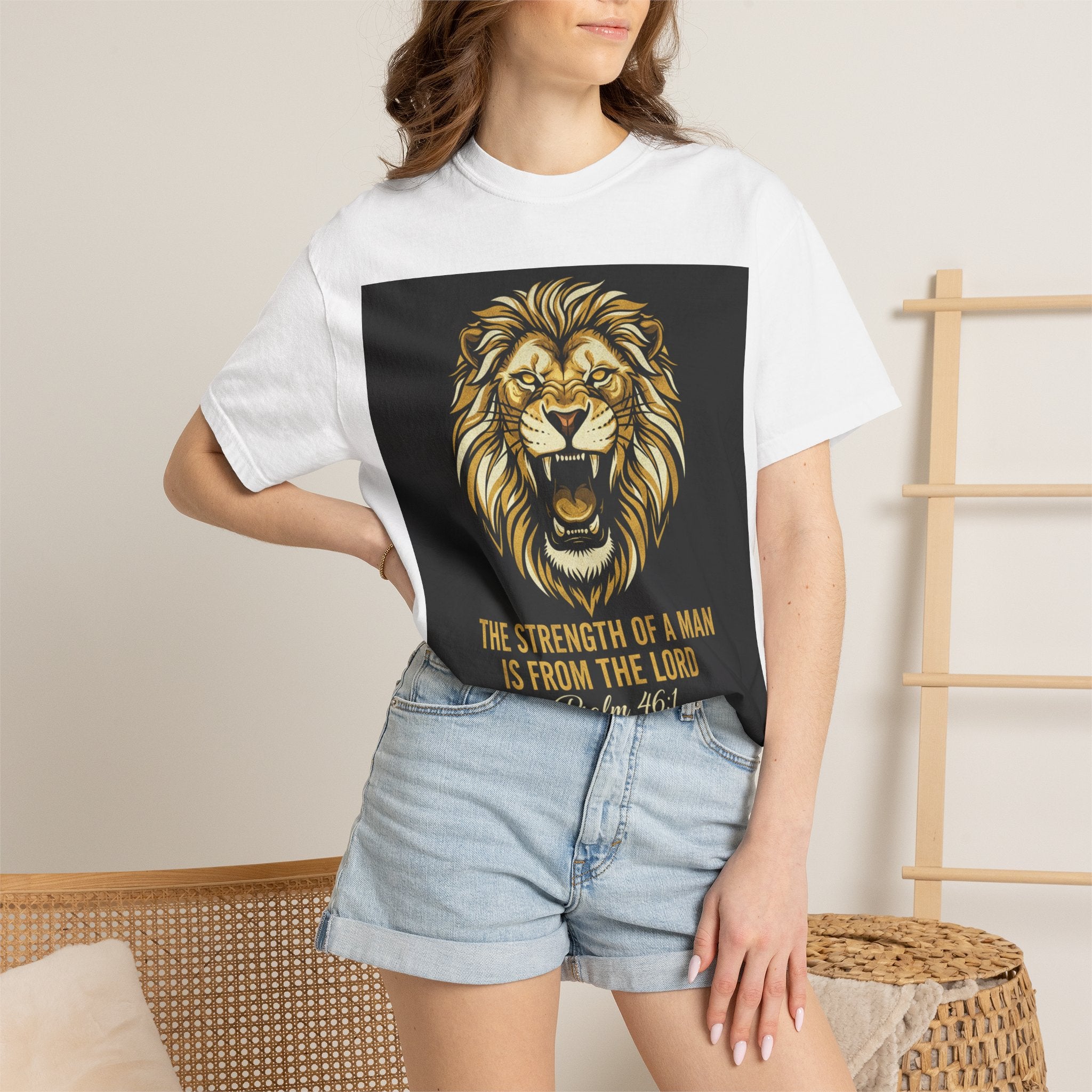 Lion Psalm T‑Shirt — "The Strength of a Man is From the Lord" (Psalm 46:1)