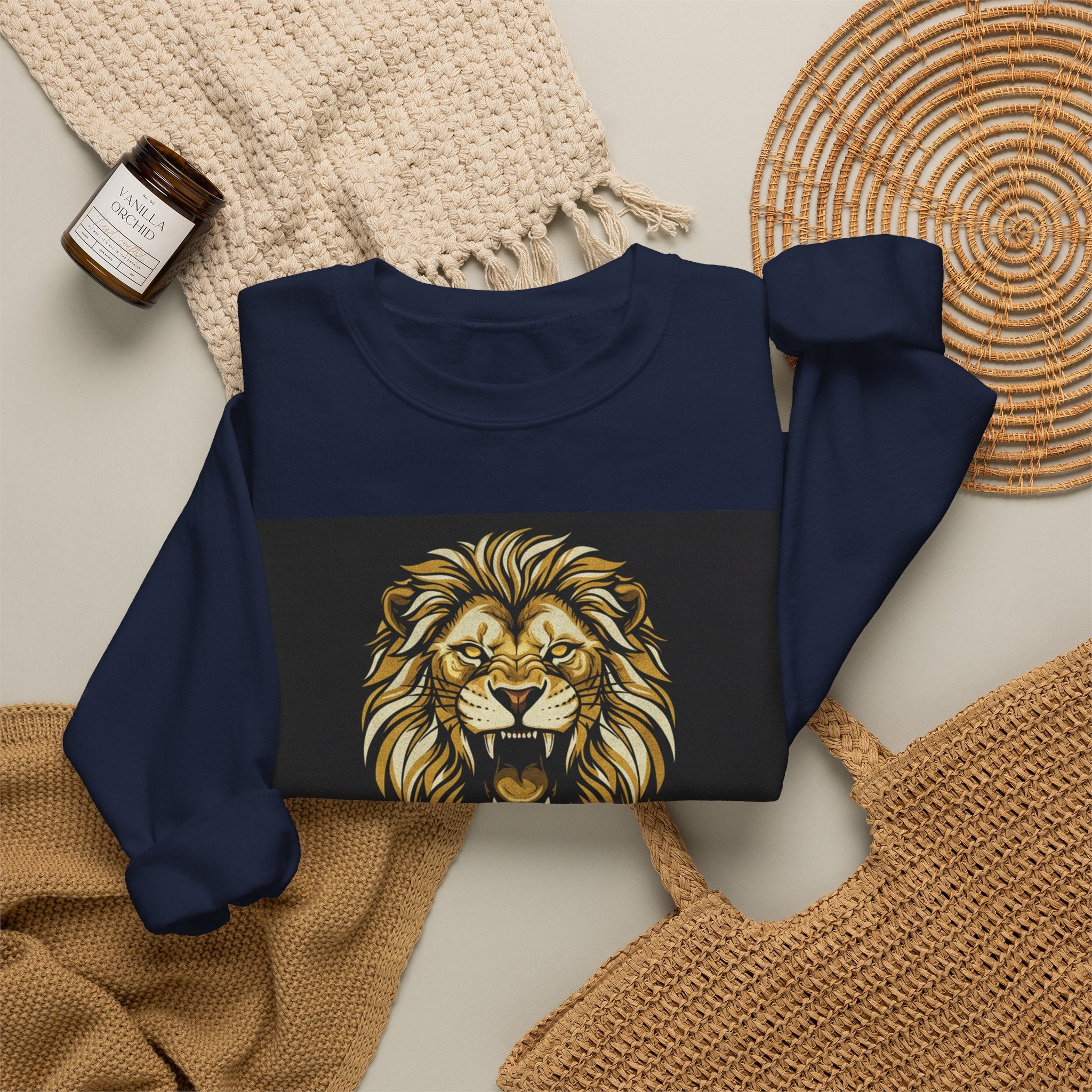 Crewneck Sweatshirt — Lion Graphic with Psalm 46:1 Faith Quote