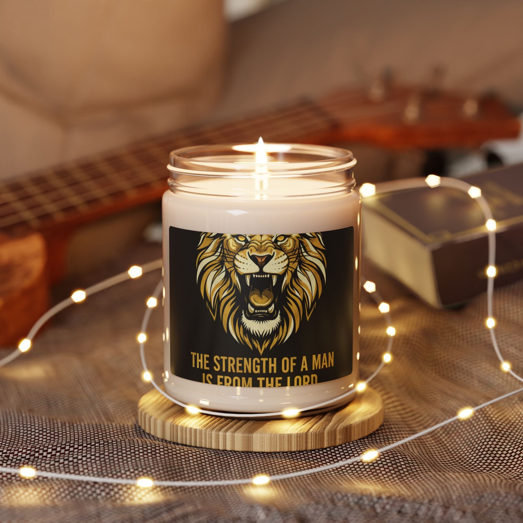 Inspirational Lion Scented Soy Candle – “The Strength of a Man Is From the Lord” 9oz