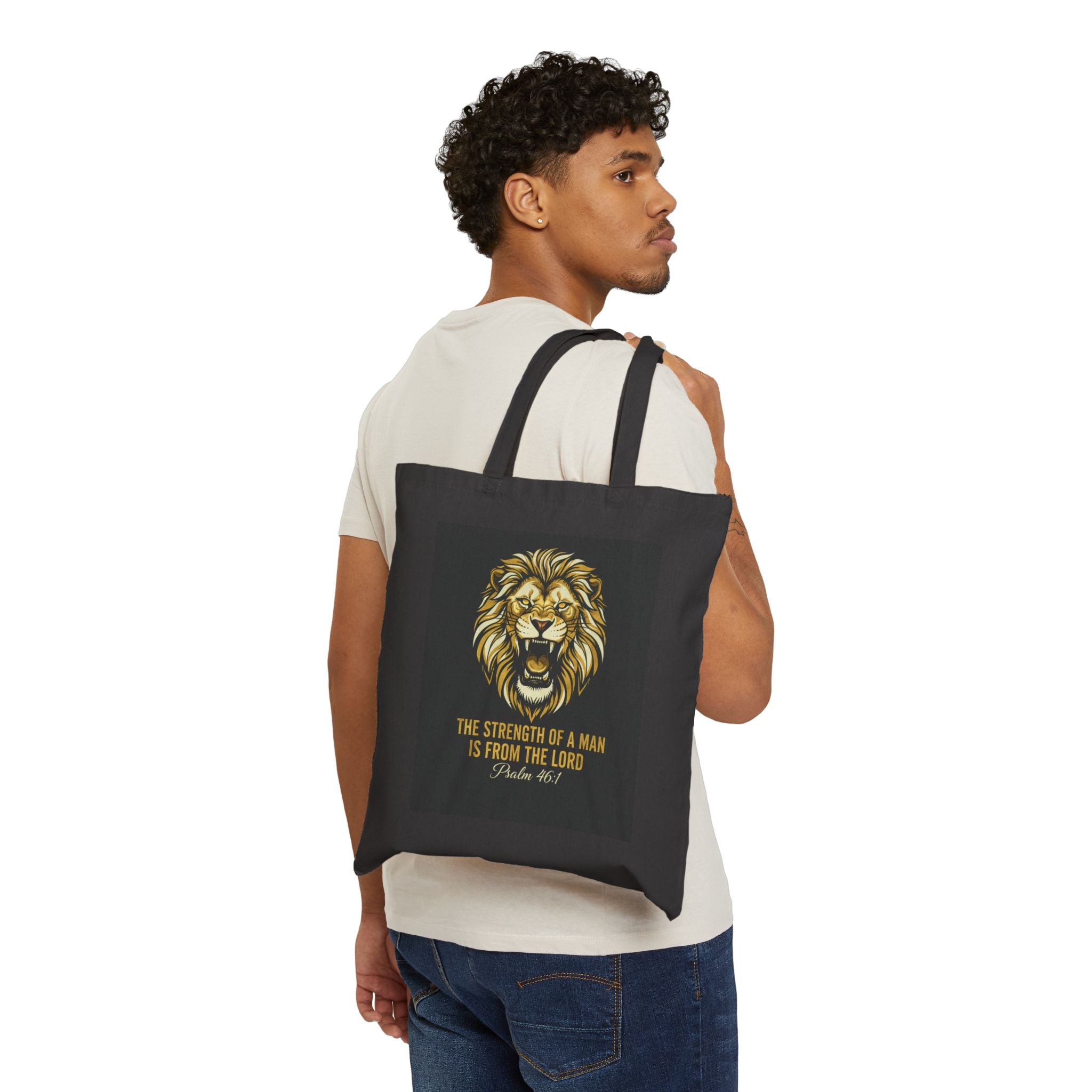Tote Bag — Lion "The Strength of a Man is From the Lord" Bible Verse Canvas Tote