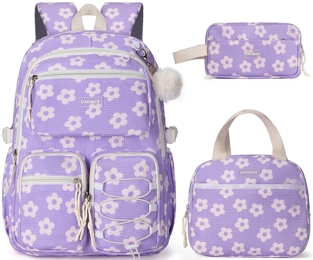 DAKIMOE School Backpack 3 Sets Corduroy Backpack for Teen Laptop Backp