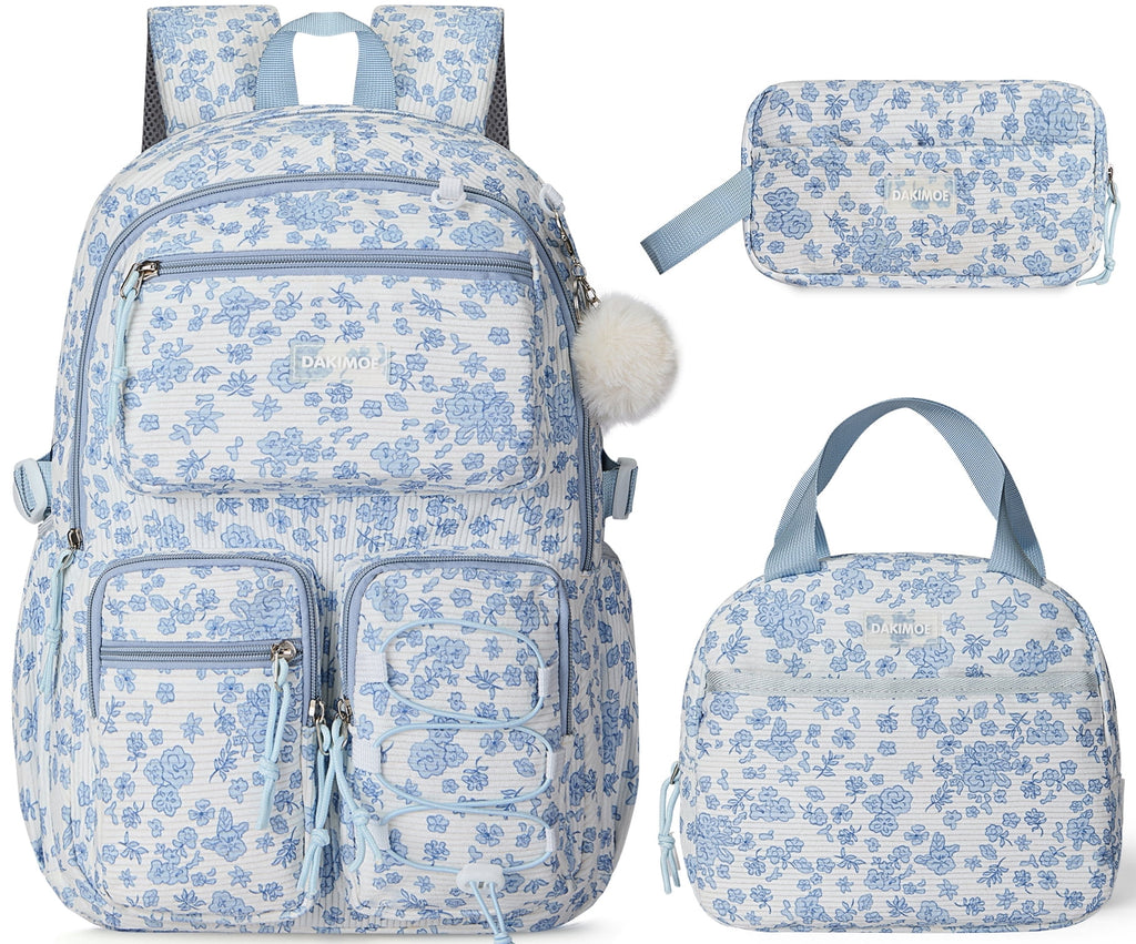 DAKIMOE School Backpack 3 Sets Corduroy Backpack for Teen Laptop Backp