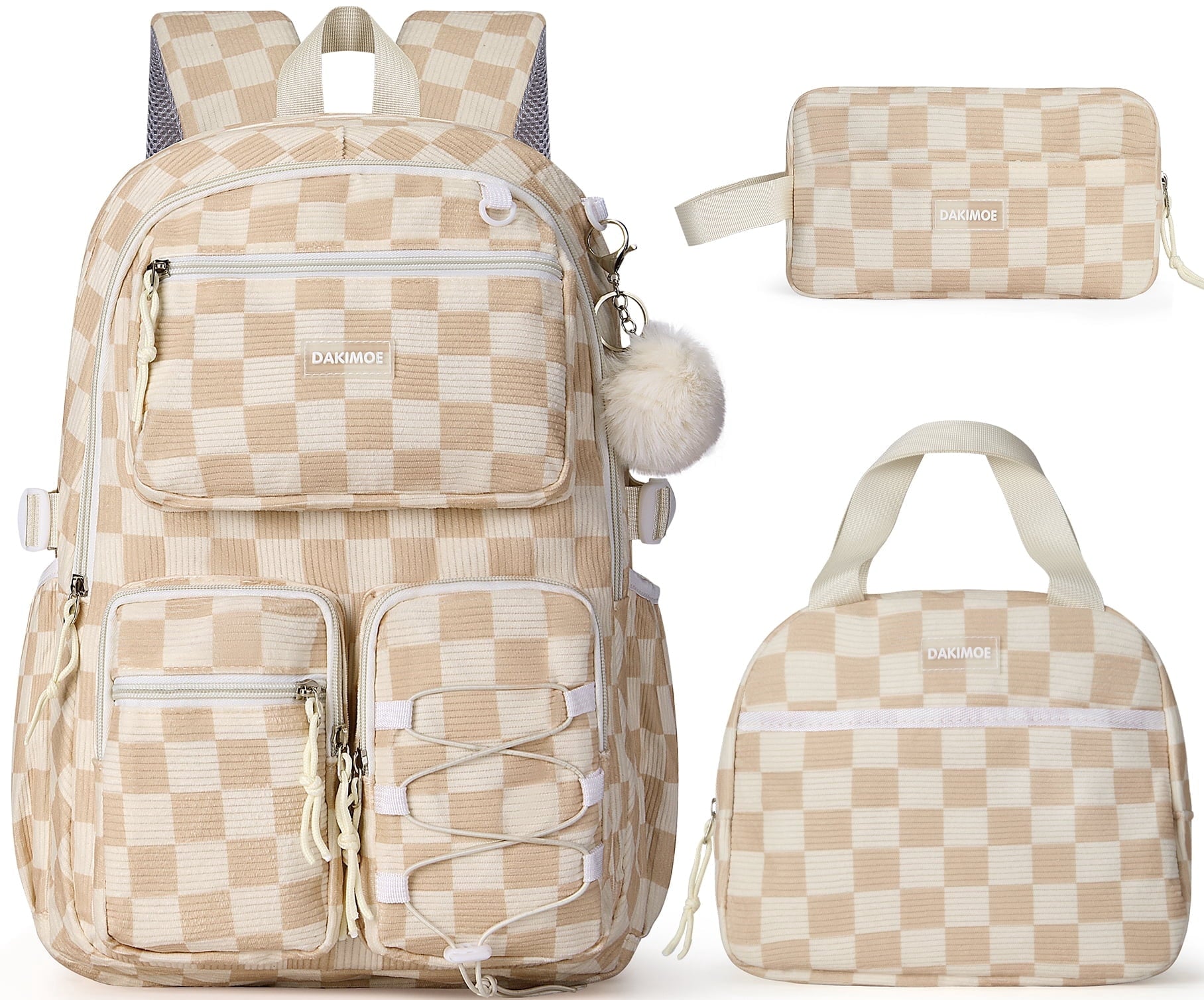 DAKIMOE School Backpack 3 Sets Corduroy Backpack for Teen Laptop Backp