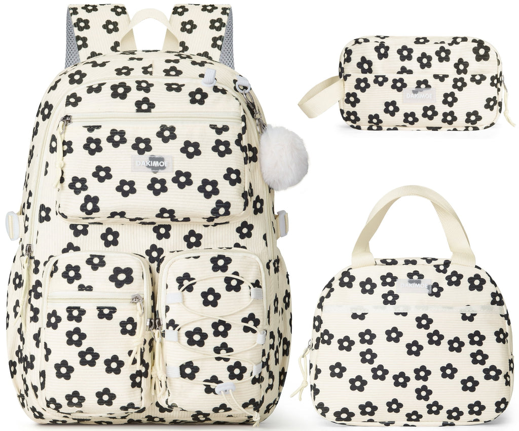 DAKIMOE School Backpack 3 Sets Corduroy Backpack for Teen Laptop Backp